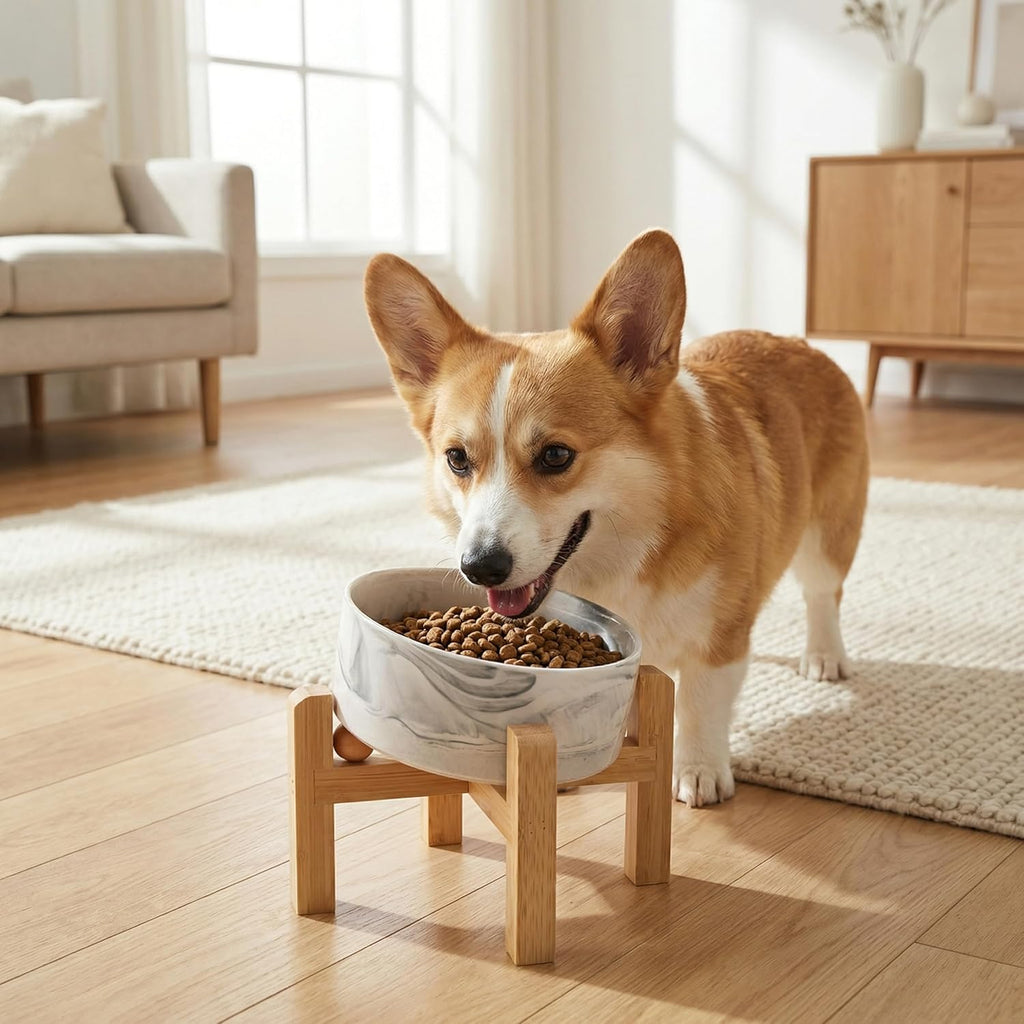 Ceramic Dog Bowl with Bamboo Stand – Elevated Single Pet Food & Water Bowl for Small Dogs & Cats | Non-Slip Stable Feeding Dish – DISHCOM