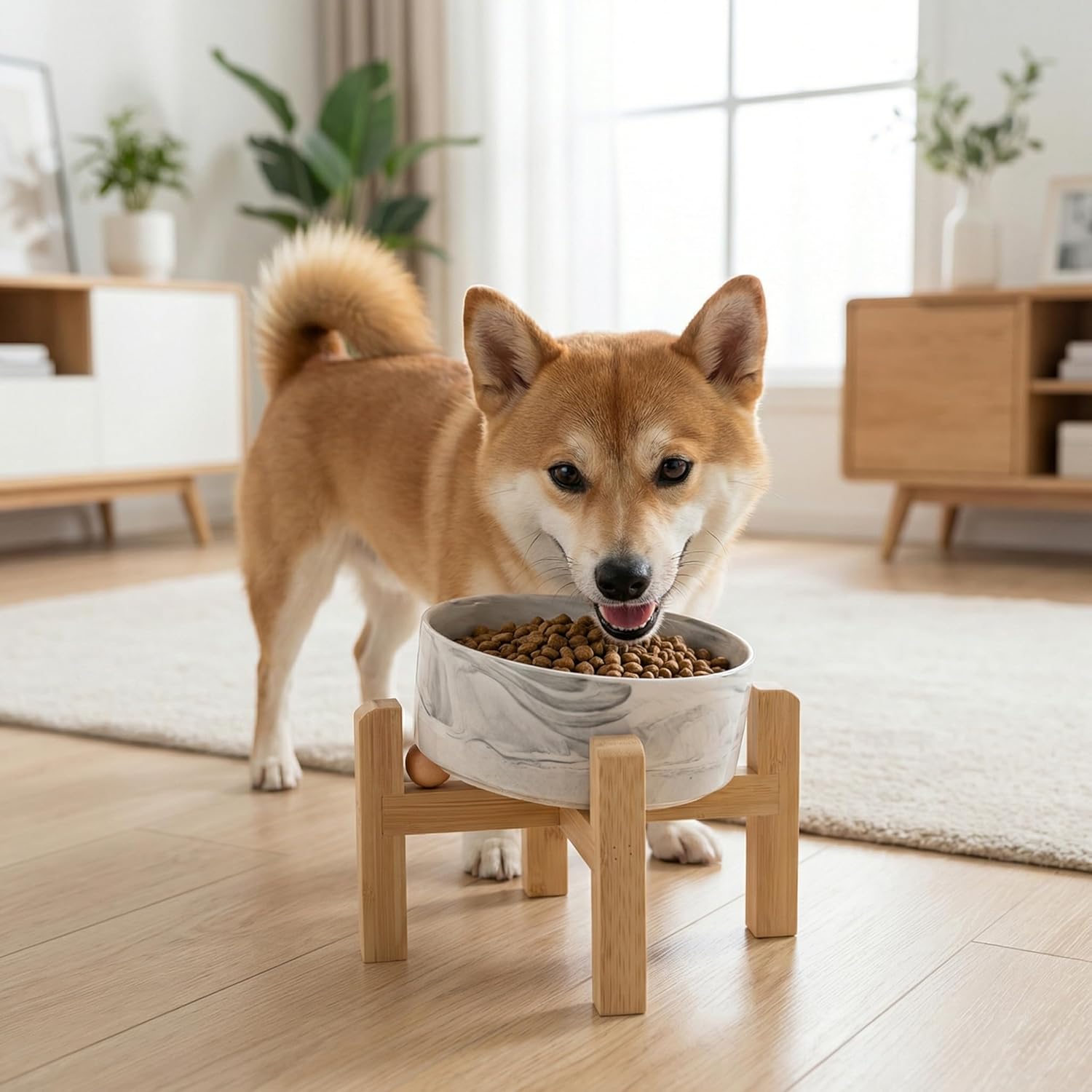 Ceramic Dog Bowl with Bamboo Stand – Elevated Single Pet Food & Water Bowl for Small Dogs & Cats | Non-Slip Stable Feeding Dish – DISHCOM