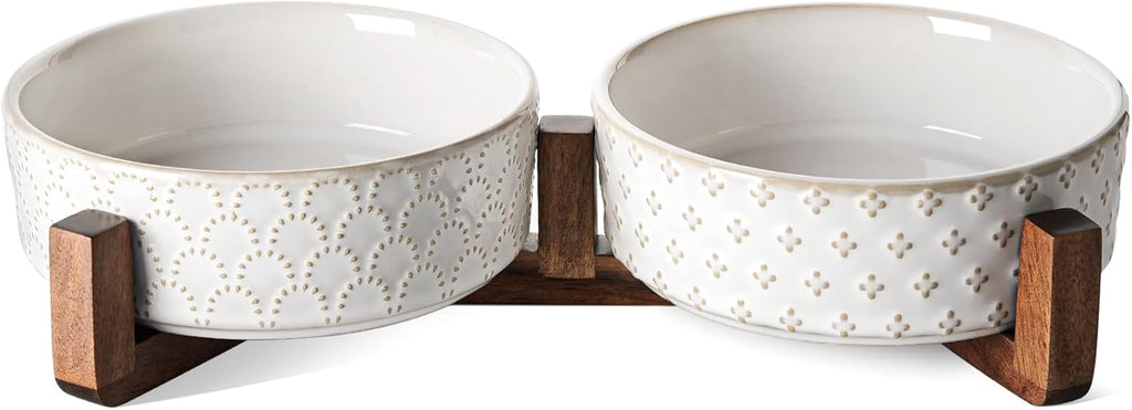 DISHCOM Dog Bowl Set with Acacia Wood Stand – 1.5 Cup Ceramic Puppy Bowls for Small Dogs, Dual Food & Water Bowls with Non-Slip Base