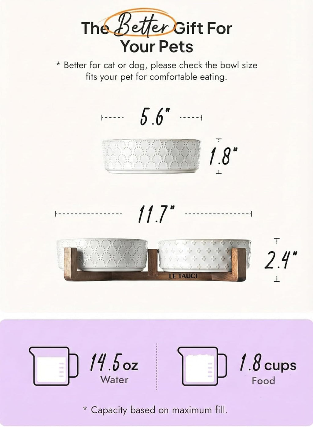 DISHCOM Dog Bowl Set with Acacia Wood Stand – 1.5 Cup Ceramic Puppy Bowls for Small Dogs, Dual Food & Water Bowls with Non-Slip Base