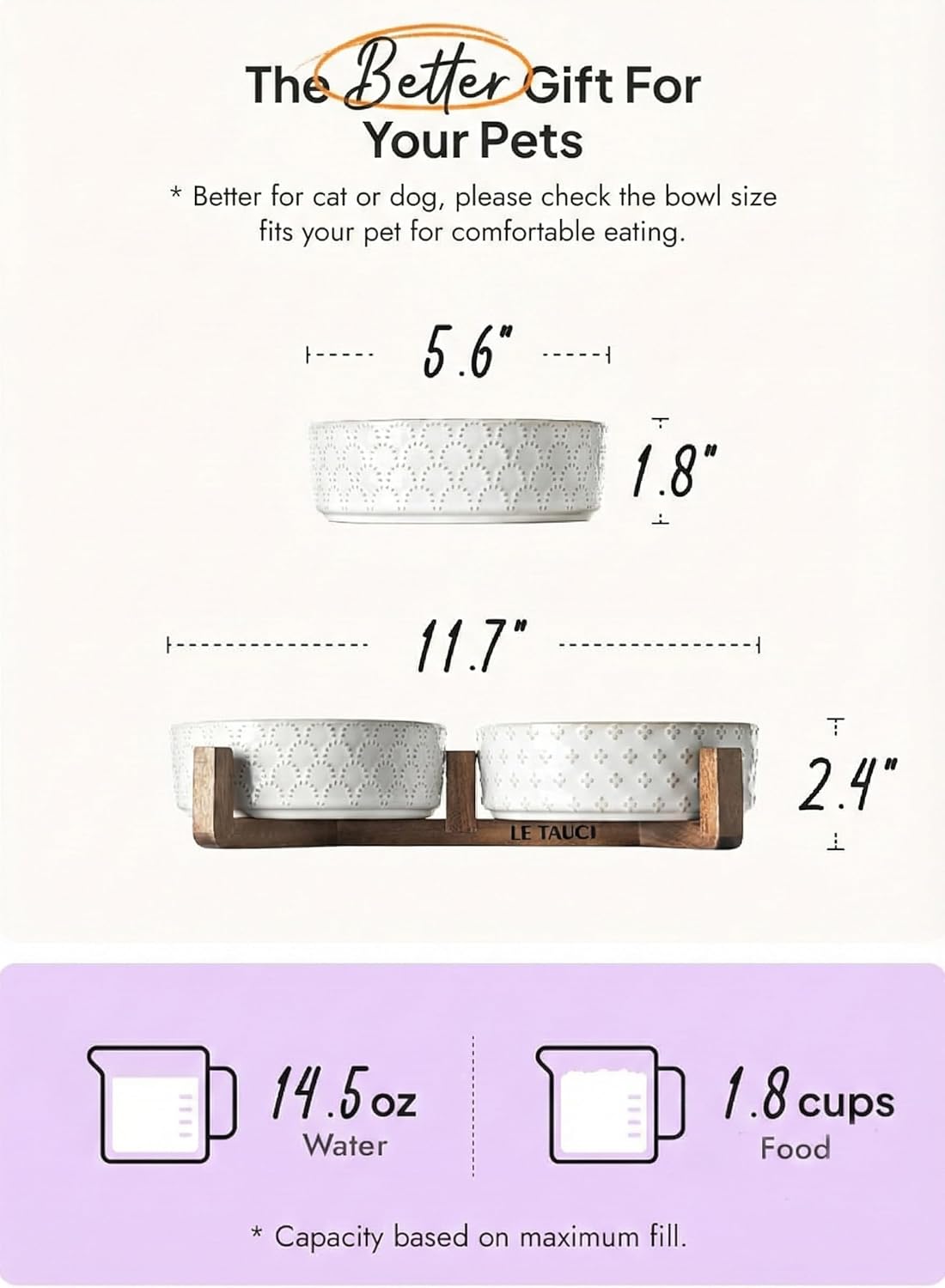 DISHCOM Dog Bowl Set with Acacia Wood Stand – 1.5 Cup Ceramic Puppy Bowls for Small Dogs, Dual Food & Water Bowls with Non-Slip Base
