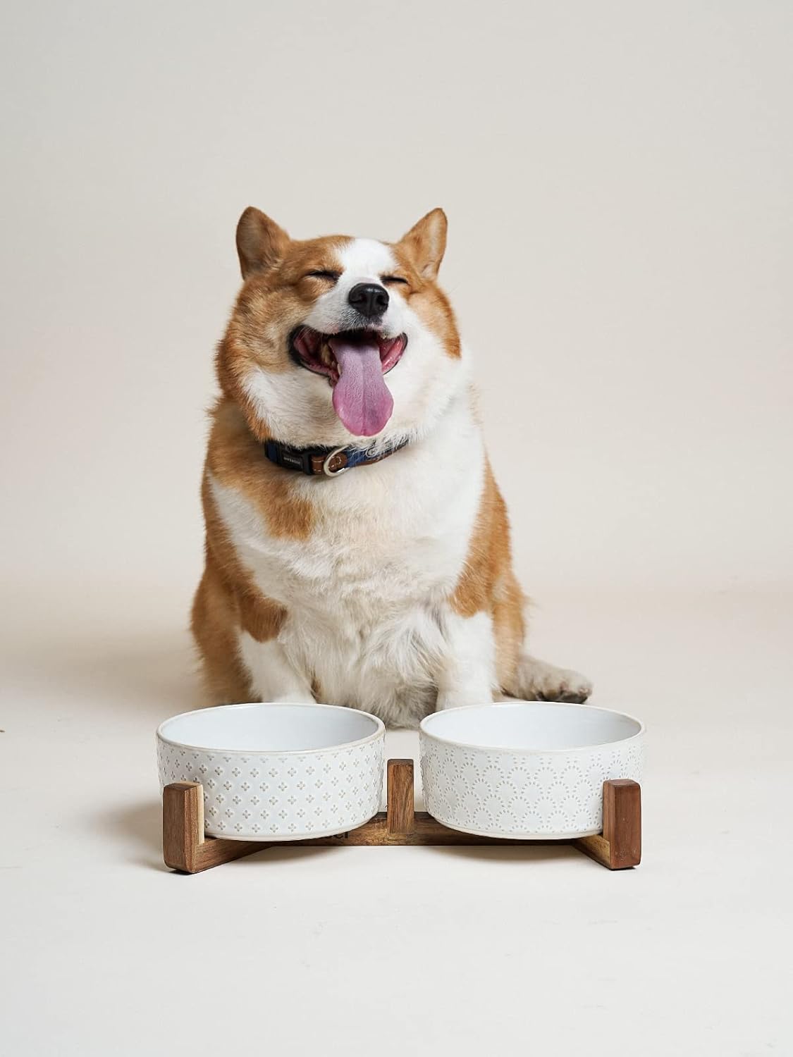 DISHCOM Dog Bowl Set with Acacia Wood Stand – 1.5 Cup Ceramic Puppy Bowls for Small Dogs, Dual Food & Water Bowls with Non-Slip Base