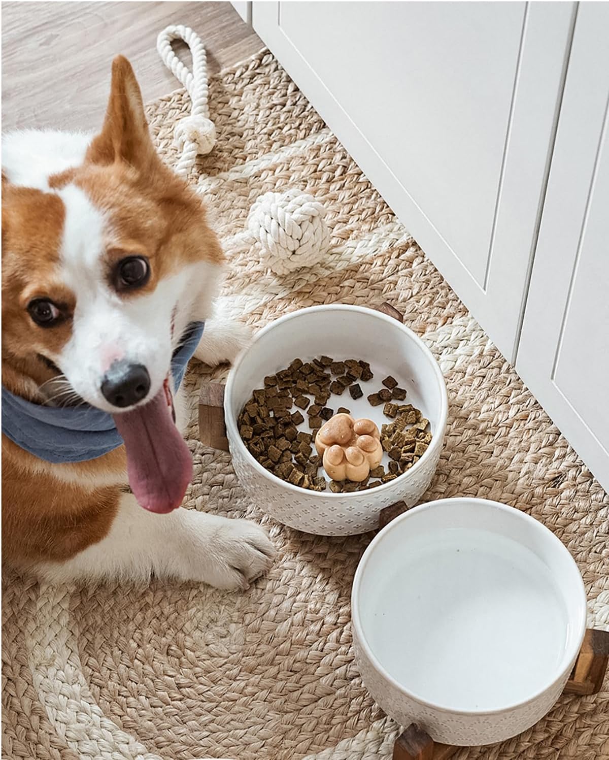 DISHCOM Dog Bowl Set with Acacia Wood Stand – 1.5 Cup Ceramic Puppy Bowls for Small Dogs, Dual Food & Water Bowls with Non-Slip Base