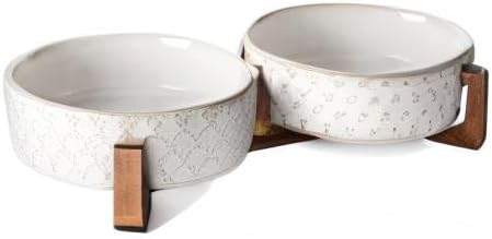 DISHCOM Dog Bowl Set with Acacia Wood Stand – 1.5 Cup Ceramic Puppy Bowls for Small Dogs, Dual Food & Water Bowls with Non-Slip Base