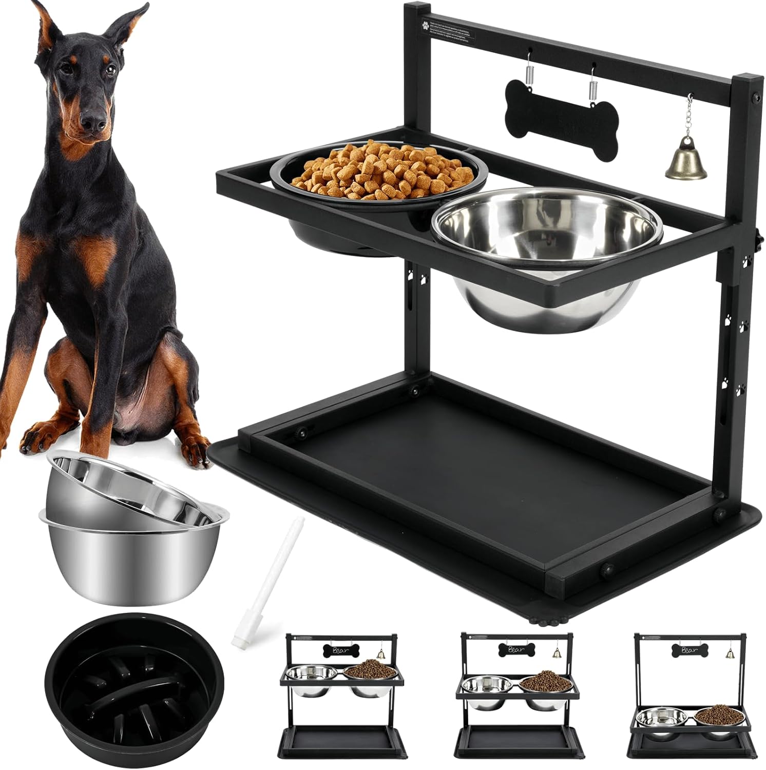 Elevated Dog Bowl with Slow Feeder – Adjustable Raised Pet Feeding Station with 2 Stainless Steel Bowls & Spill-Proof Mat | Anti-Slip Dog Food and Water Bowl Set – DISHCOM