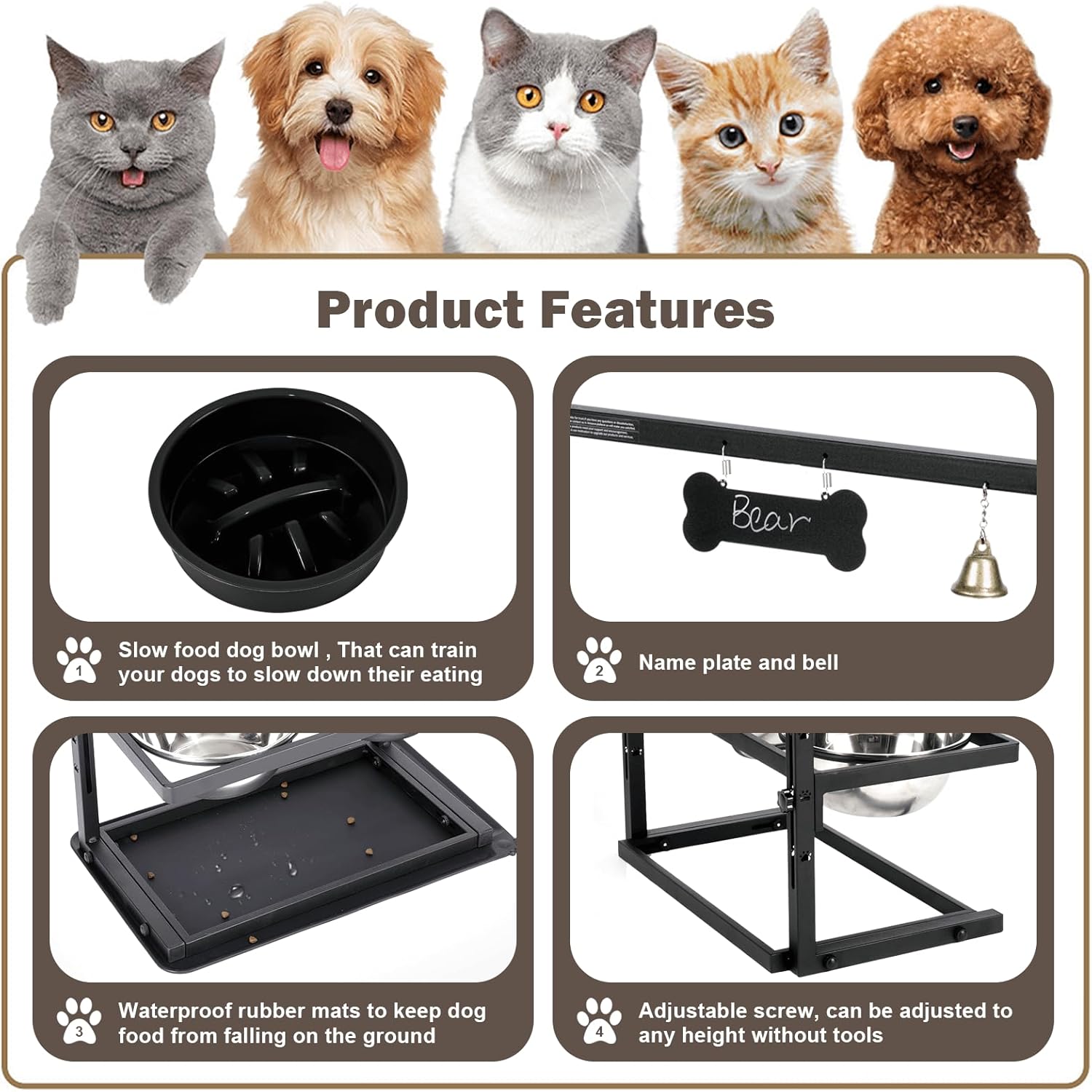 Elevated Dog Bowl with Slow Feeder – Adjustable Raised Pet Feeding Station with 2 Stainless Steel Bowls & Spill-Proof Mat | Anti-Slip Dog Food and Water Bowl Set – DISHCOM