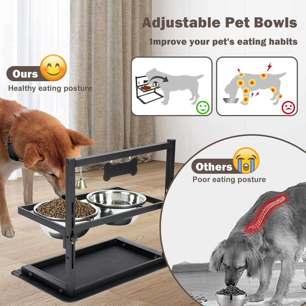 Elevated Dog Bowl with Slow Feeder – Adjustable Raised Pet Feeding Station with 2 Stainless Steel Bowls & Spill-Proof Mat | Anti-Slip Dog Food and Water Bowl Set – DISHCOM