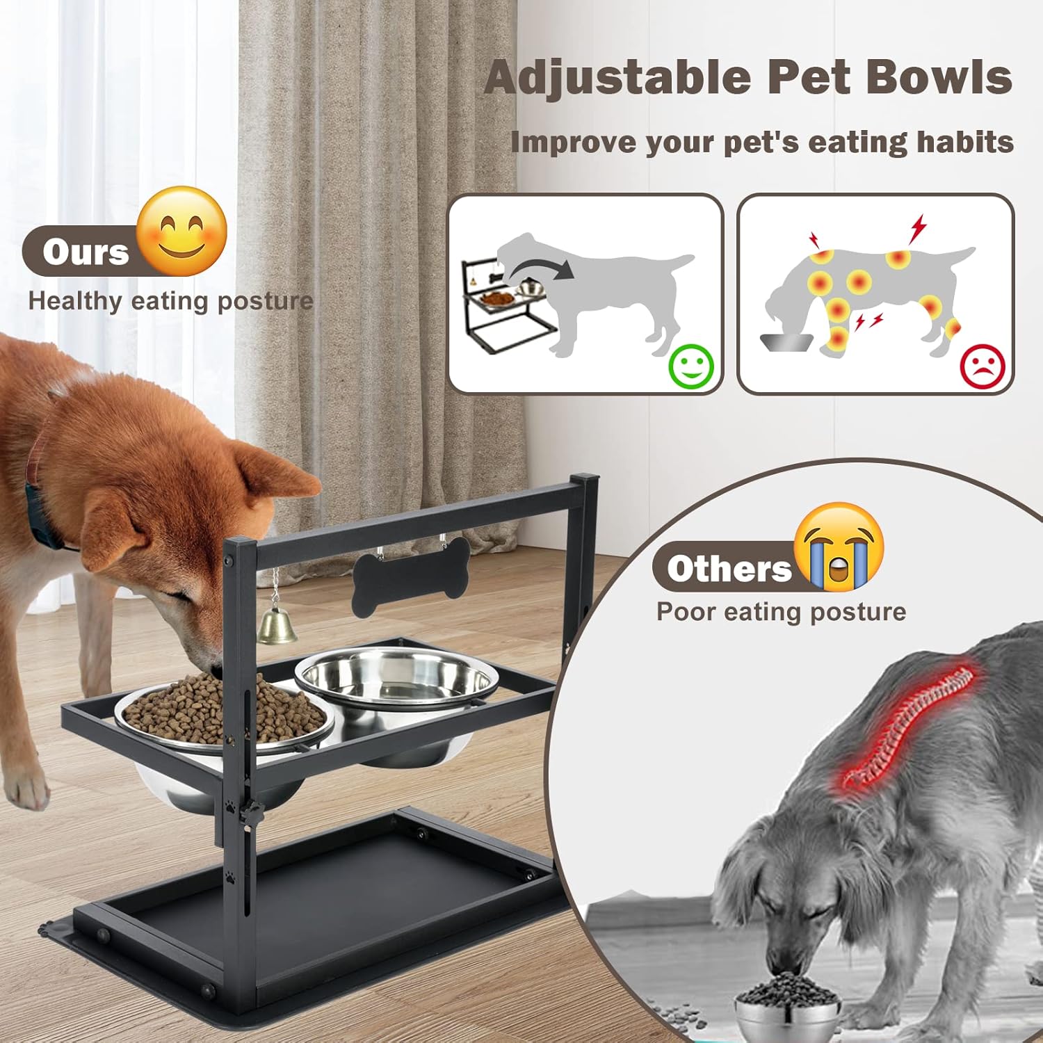 Elevated Dog Bowl with Slow Feeder – Adjustable Raised Pet Feeding Station with 2 Stainless Steel Bowls & Spill-Proof Mat | Anti-Slip Dog Food and Water Bowl Set – DISHCOM